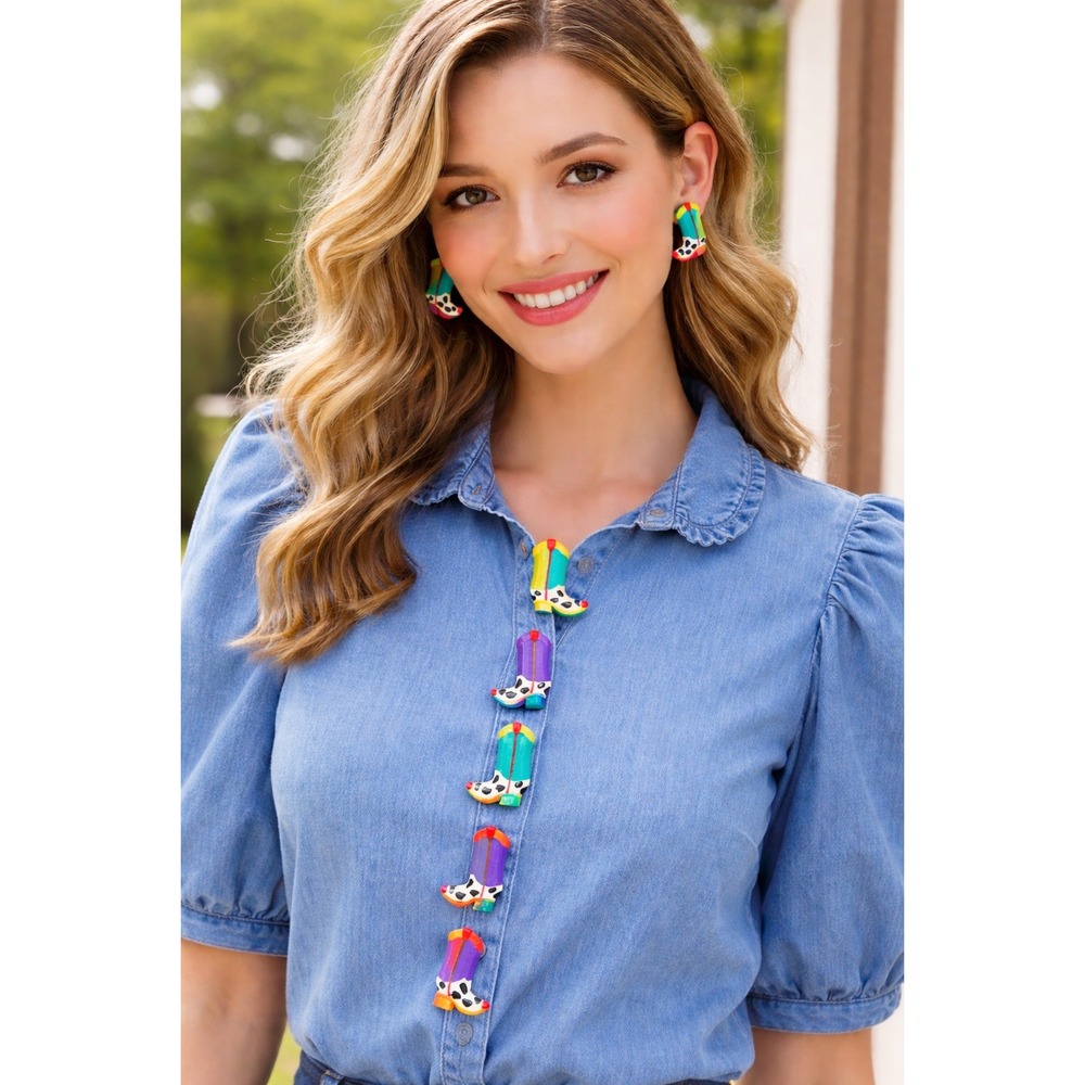 Vintage Western Cowboy Boot Button Covers & Earrings Set Colorful 90s Cowgirl